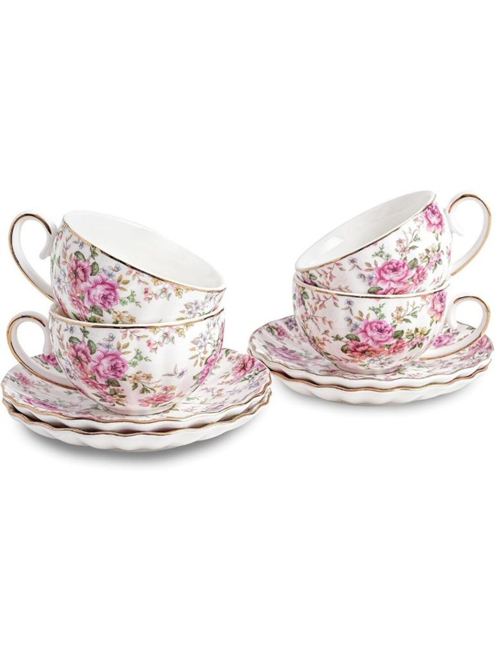 Floral Porcelain Tea Cups with Gold Trim - 6.4oz Coffee & Espresso Mugs for